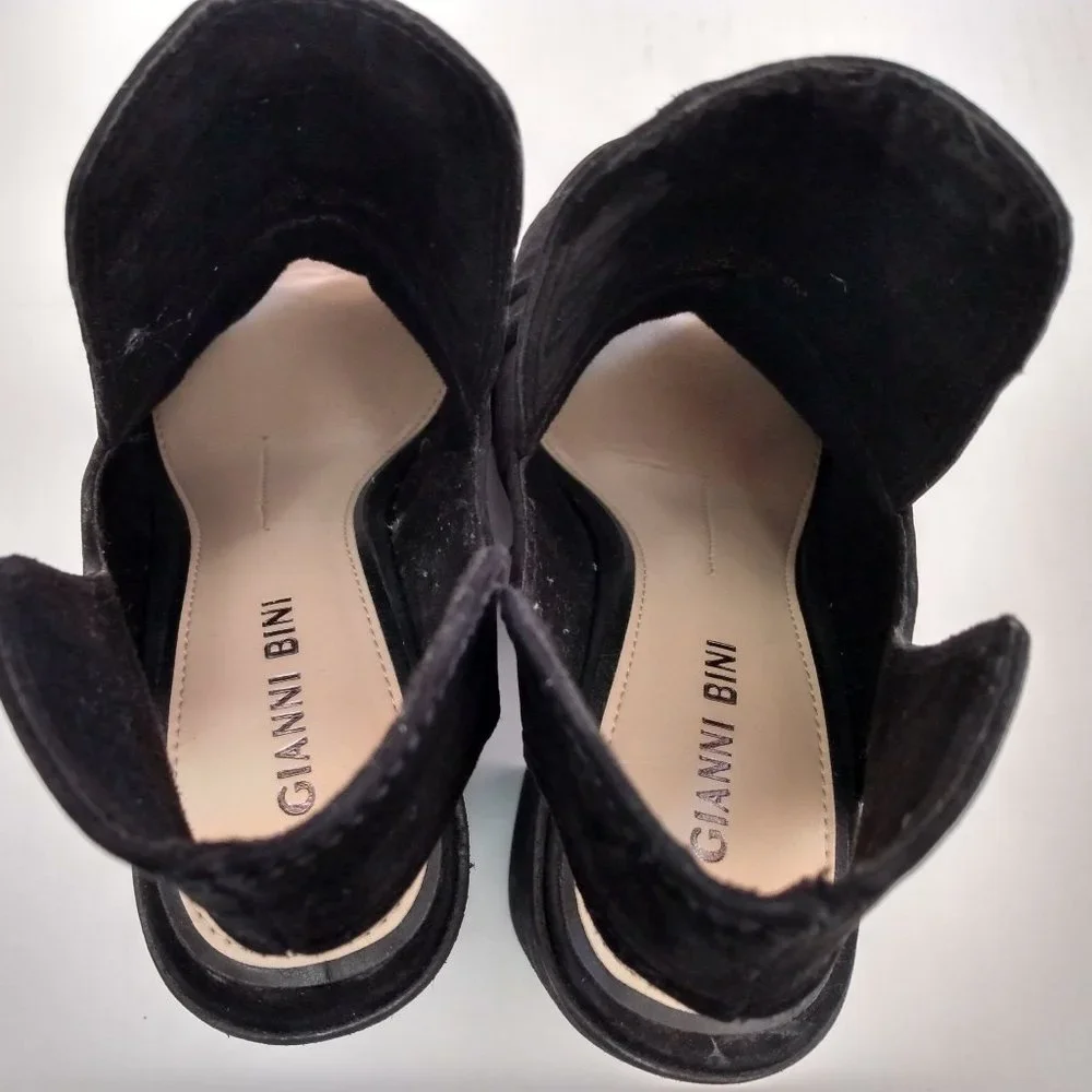 Gianni Bini Booties Size 8 M Black Suede Leather Open-Toed Shoe High Block Heel